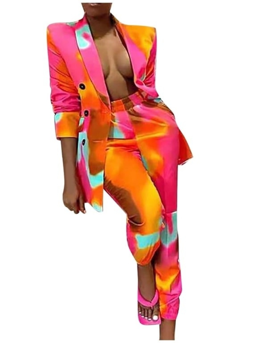 Bold Tie-Dye  Blazer & Pants Set - Pink Orange